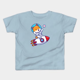 Cute Shiba Inu Dog Astronaut Riding Rocket Cartoon Kids T-Shirt